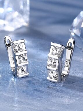 Moissanite Sterling Silver 3-Stone Clear CZ Huggie Earrings - White